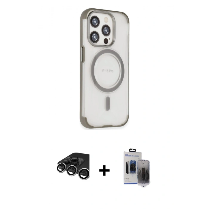 MARSİLYAN™- iPhone 15 Pro Max Kılıf Eksen Klasik Koleksiyonu - Siyah Vanessa Magic Hayalet Cam + Raze Metal Kamera Lens - GS