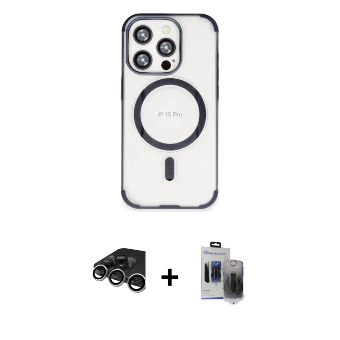 MARSİLYAN™- iPhone 15 Pro Max Kılıf Eksen Klasik Koleksiyonu - Siyah Vanessa Magic Hayalet Cam + Raze Metal Kamera Lens - GS