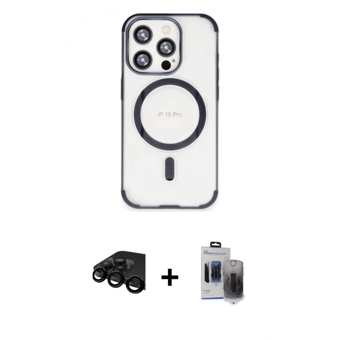 MARSİLYAN™- iPhone 15 Pro Max Kılıf Eksen Klasik Koleksiyonu - Siyah Vanessa Magic Hayalet Cam + Raze Metal Kamera Lens - SH