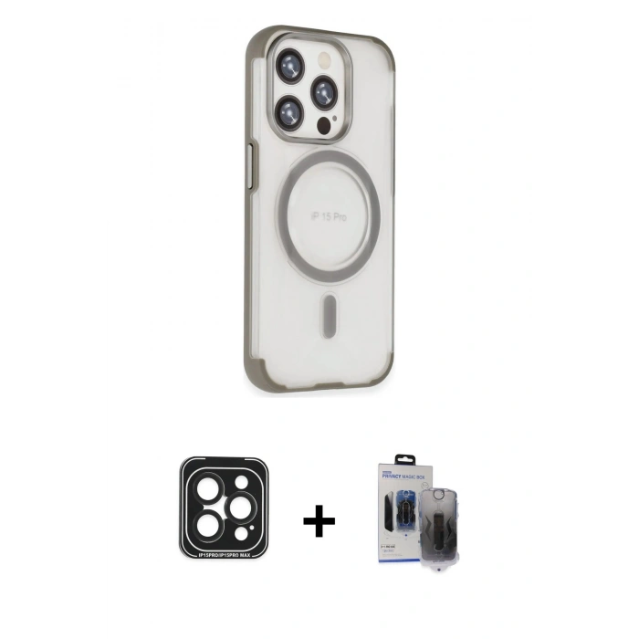 MARSİLYAN™- iPhone 15 Pro Max Kılıf Eksen Klasik Koleksiyonu - Siyah Vanessa Magic Hayalet Cam + PVD Metal Kamera Lens - SH