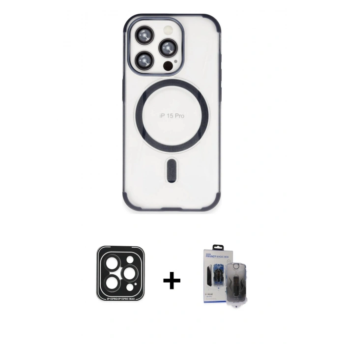MARSİLYAN™- iPhone 15 Pro Max Kılıf Eksen Klasik Koleksiyonu - Siyah Vanessa Magic Hayalet Cam + PVD Metal Kamera Lens - SH