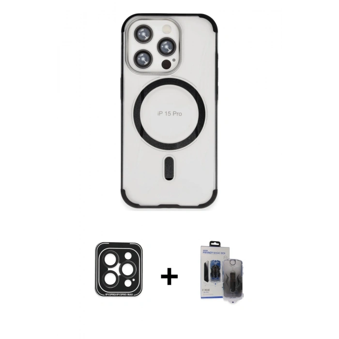 MARSİLYAN™- iPhone 15 Pro Max Kılıf Eksen Klasik Koleksiyonu - Siyah Vanessa Magic Hayalet Cam + PVD Metal Kamera Lens - SH