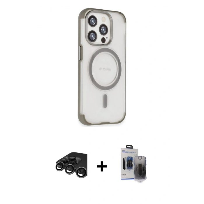 MARSİLYAN™- iPhone 15 Pro Max Kılıf Eksen Klasik Koleksiyonu - Siyah Vanessa Magic Hayalet Cam + Raze Metal Kamera Lens - TMGI