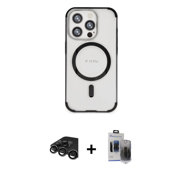 MARSİLYAN™- iPhone 15 Pro Max Kılıf Eksen Klasik Koleksiyonu - Siyah Vanessa Magic Hayalet Cam + Raze Metal Kamera Lens - TMGI