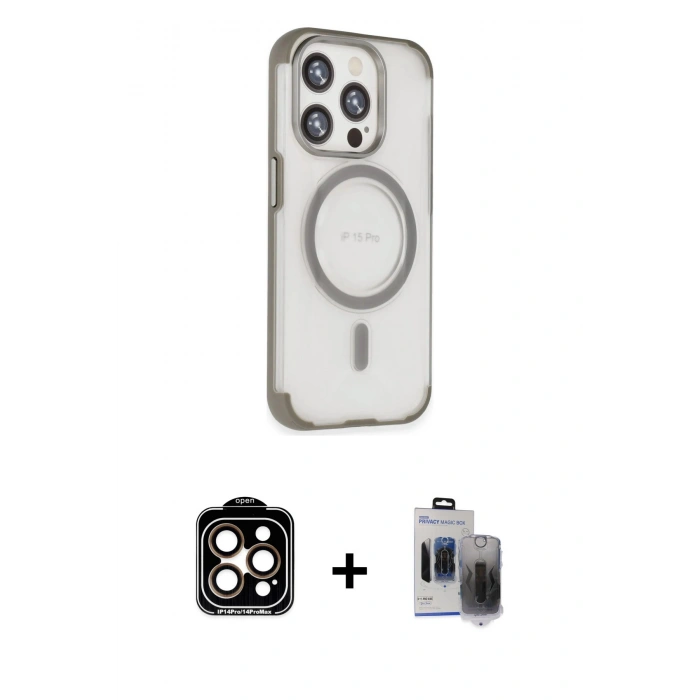 MARSİLYAN™- iPhone 15 Pro Max Kılıf Eksen Klasik Koleksiyonu - Siyah Vanessa Magic Hayalet Cam + PVD Metal Kamera Lens - TU