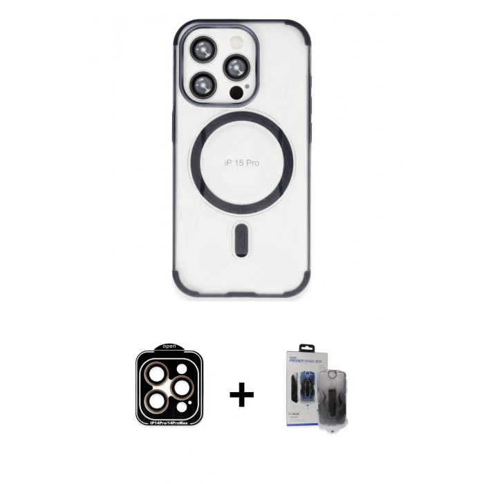 MARSİLYAN™- iPhone 15 Pro Max Kılıf Eksen Klasik Koleksiyonu - Siyah Vanessa Magic Hayalet Cam + PVD Metal Kamera Lens - TU