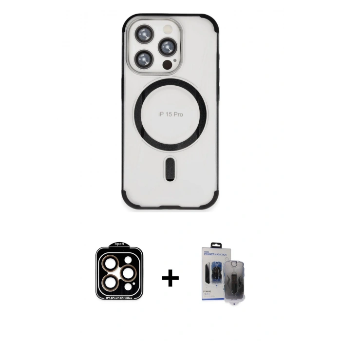 MARSİLYAN™- iPhone 15 Pro Max Kılıf Eksen Klasik Koleksiyonu - Siyah Vanessa Magic Hayalet Cam + PVD Metal Kamera Lens - TU