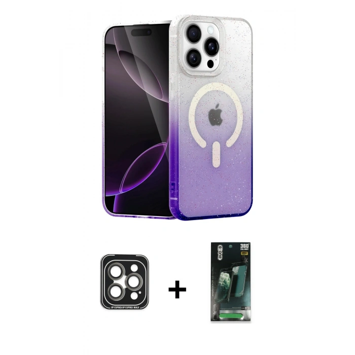 MARSİLYAN™- iPhone 15 Pro Max Kılıf Eksen Minimal Özel Seri - Şeffaf 360 Full Body Arka Koruyucu + PVD Metal Kamera Lens - GI