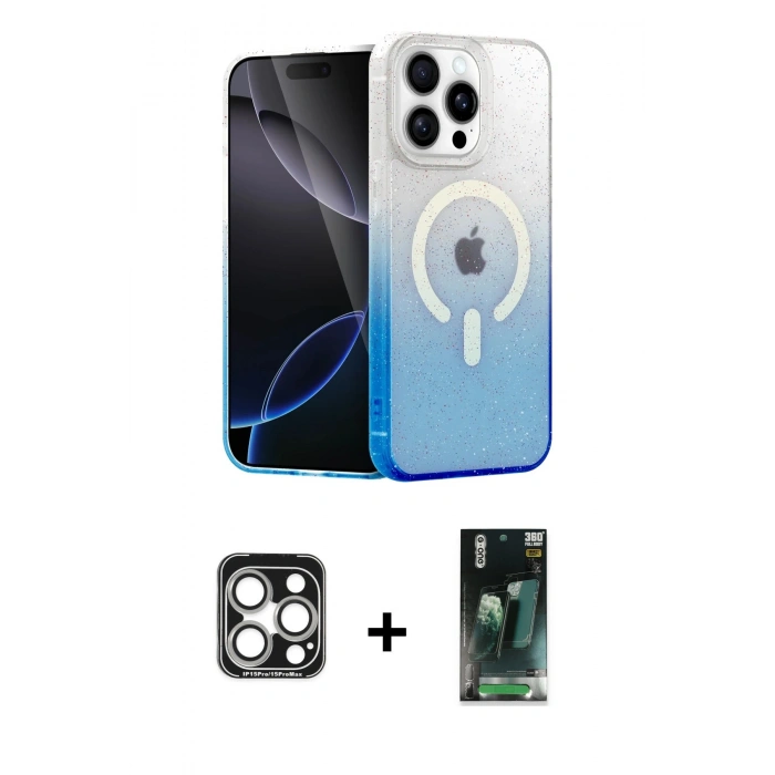 MARSİLYAN™- iPhone 15 Pro Max Kılıf Eksen Minimal Özel Seri - Şeffaf 360 Full Body Arka Koruyucu + PVD Metal Kamera Lens - GS