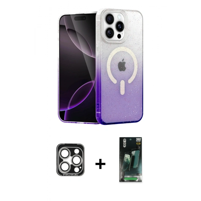 MARSİLYAN™- iPhone 15 Pro Max Kılıf Eksen Minimal Özel Seri - Şeffaf 360 Full Body Arka Koruyucu + PVD Metal Kamera Lens - GS