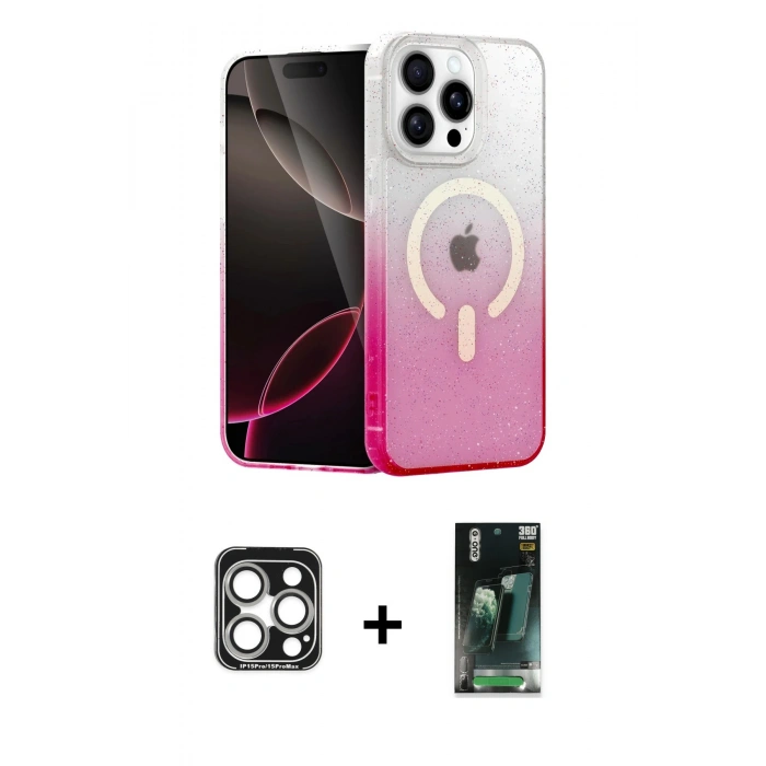 MARSİLYAN™- iPhone 15 Pro Max Kılıf Eksen Minimal Özel Seri - Şeffaf 360 Full Body Arka Koruyucu + PVD Metal Kamera Lens - GS