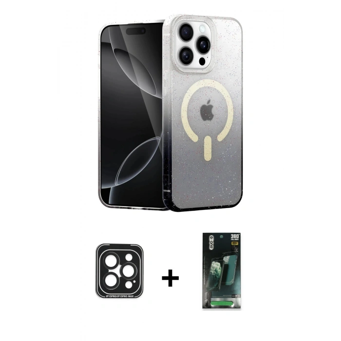 MARSİLYAN™- iPhone 15 Pro Max Kılıf Eksen Minimal Özel Seri - Şeffaf 360 Full Body Arka Koruyucu + PVD Metal Kamera Lens - SH