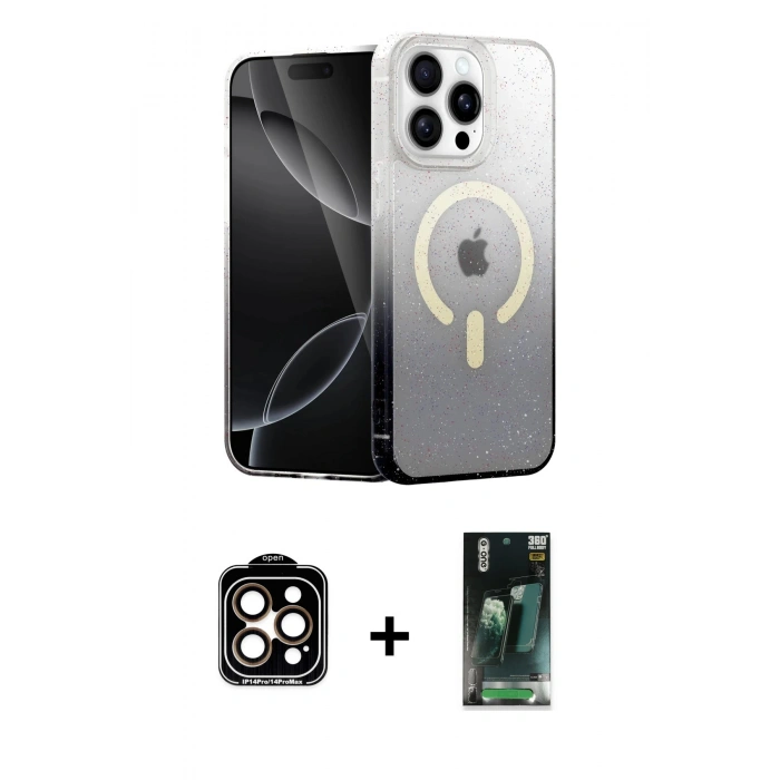 MARSİLYAN™- iPhone 15 Pro Max Kılıf Eksen Minimal Özel Seri - Şeffaf 360 Full Body Arka Koruyucu + Turuncu PVD Metal Kamera Lens