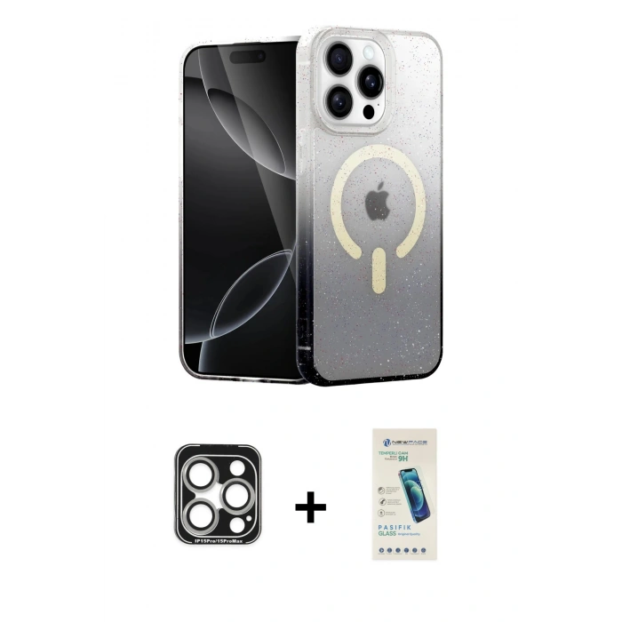 MARSİLYAN™- iPhone 15 Pro Max Kılıf Eksen Minimal Özel Seri - Şeffaf Pasifik Cam Ekran Koruyucu + PVD Metal Kamera Lens - GS