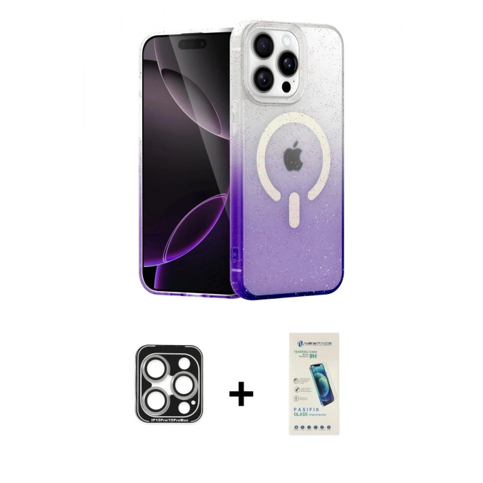 MARSİLYAN™- iPhone 15 Pro Max Kılıf Eksen Minimal Özel Seri - Şeffaf Pasifik Cam Ekran Koruyucu + PVD Metal Kamera Lens - GS