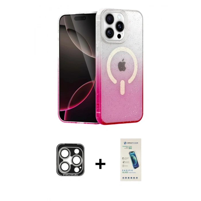 MARSİLYAN™- iPhone 15 Pro Max Kılıf Eksen Minimal Özel Seri - Şeffaf Pasifik Cam Ekran Koruyucu + PVD Metal Kamera Lens - GS