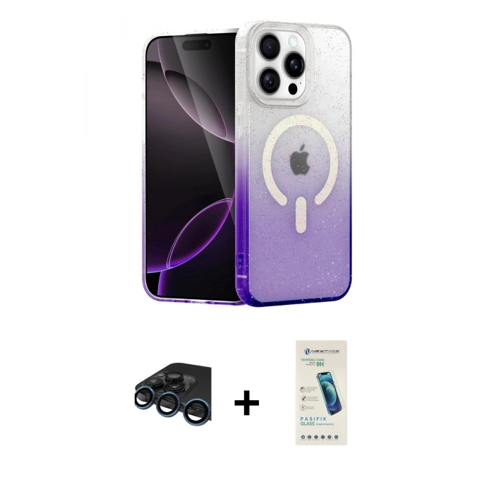 MARSİLYAN™- iPhone 15 Pro Max Kılıf Eksen Minimal Özel Seri - Şeffaf Pasifik Cam Ekran Koruyucu + Lacivert Raze Metal Kamera Lens