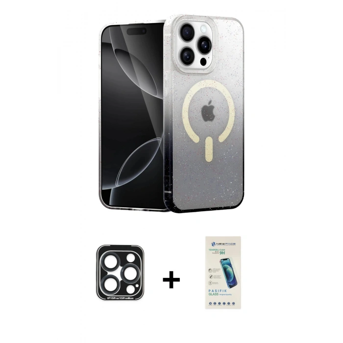 MARSİLYAN™- iPhone 15 Pro Max Kılıf Eksen Minimal Özel Seri - Şeffaf Pasifik Cam Ekran Koruyucu + PVD Metal Kamera Lens - LT