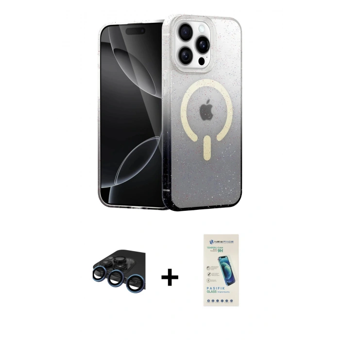 MARSİLYAN™- iPhone 15 Pro Max Kılıf Eksen Minimal Özel Seri - Şeffaf Pasifik Cam Ekran Koruyucu + Lacivert Raze Metal Kamera Lens