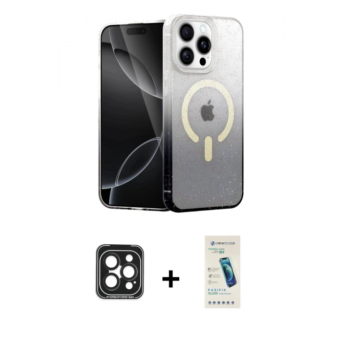 MARSİLYAN™- iPhone 15 Pro Max Kılıf Eksen Minimal Özel Seri - Şeffaf Pasifik Cam Ekran Koruyucu + PVD Metal Kamera Lens - SH