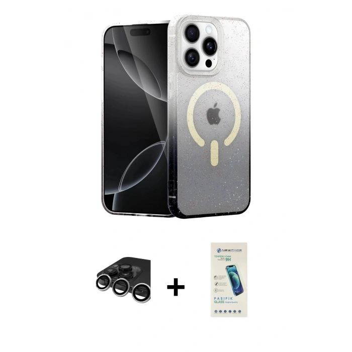 MARSİLYAN™- iPhone 15 Pro Max Kılıf Eksen Minimal Özel Seri - Şeffaf Pasifik Cam Ekran Koruyucu + Raze Metal Kamera Lens - GS