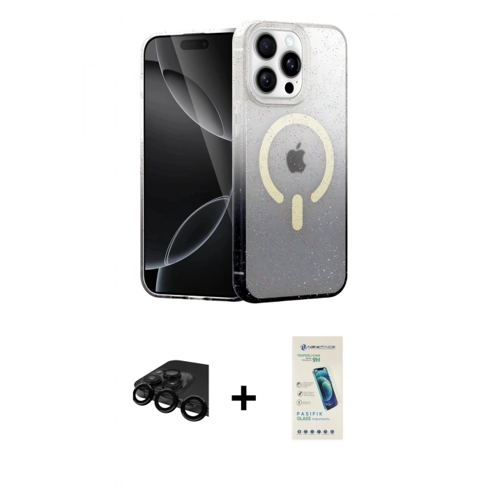 MARSİLYAN™- iPhone 15 Pro Max Kılıf Eksen Minimal Özel Seri - Şeffaf Pasifik Cam Ekran Koruyucu + Siyah Raze Metal Kamera Lens