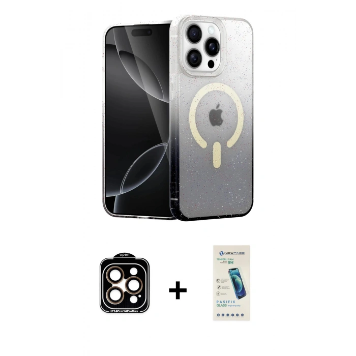 MARSİLYAN™- iPhone 15 Pro Max Kılıf Eksen Minimal Özel Seri - Şeffaf Pasifik Cam Ekran Koruyucu + PVD Metal Kamera Lens - TU
