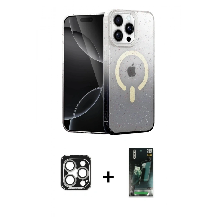 MARSİLYAN™- iPhone 15 Pro Max Kılıf Eksen Minimal Özel Seri - Siyah 360 Mat Full Body Arka Koruyucu + PVD Metal Kamera Lens - GS