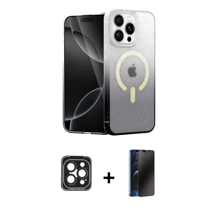 MARSİLYAN™- iPhone 15 Pro Max Kılıf Eksen Minimal Özel Seri - Siyah 3D Antistatik Hayalet Cam Ekran Koruyucu + Siyah PVD Metal Kamera Lens