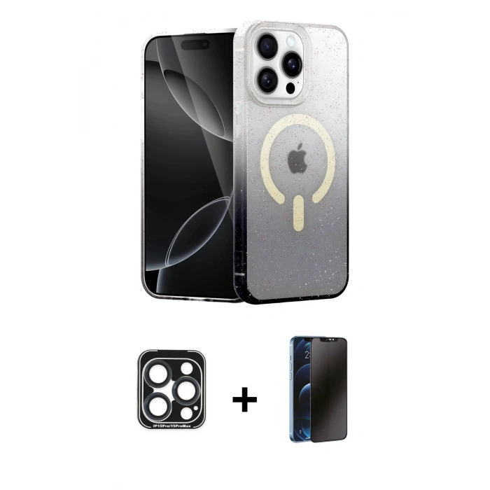 MARSİLYAN™- iPhone 15 Pro Max Kılıf Eksen Minimal Özel Seri - Siyah 3D Antistatik Hayalet Cam Ekran Koruyucu + PVD Metal Kamera Lens - LT