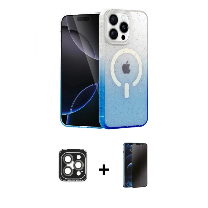 MARSİLYAN™- iPhone 15 Pro Max Kılıf Eksen Minimal Özel Seri - Siyah 3D Antistatik Hayalet Cam Ekran Koruyucu + PVD Metal Kamera Lens - GI