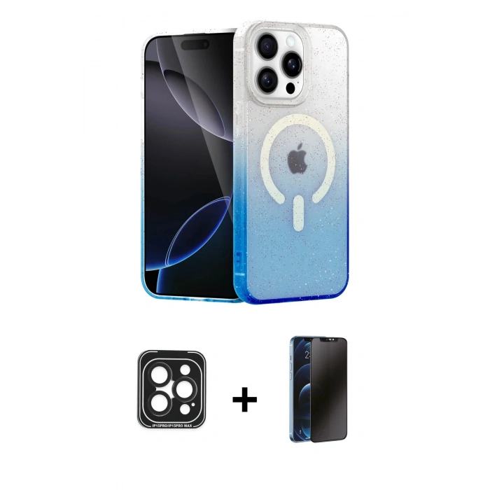 MARSİLYAN™- iPhone 15 Pro Max Kılıf Eksen Minimal Özel Seri - Siyah 3D Antistatik Hayalet Cam Ekran Koruyucu + Siyah PVD Metal Kamera Lens