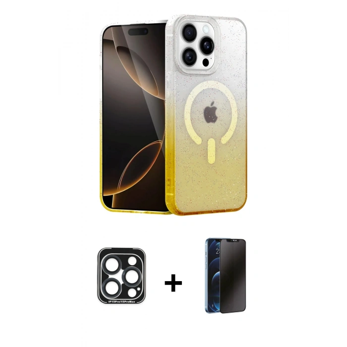 MARSİLYAN™- iPhone 15 Pro Max Kılıf Eksen Minimal Özel Seri - Siyah 3D Antistatik Hayalet Cam Ekran Koruyucu + PVD Metal Kamera Lens - LT