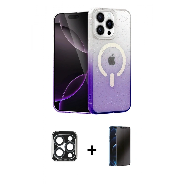 MARSİLYAN™- iPhone 15 Pro Max Kılıf Eksen Minimal Özel Seri - Siyah 3D Antistatik Hayalet Cam Ekran Koruyucu + PVD Metal Kamera Lens - LT