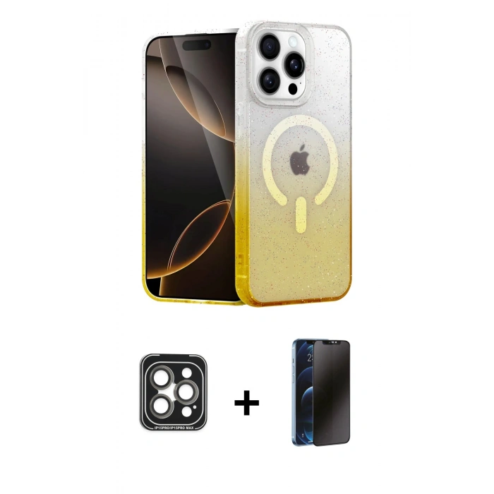 MARSİLYAN™- iPhone 15 Pro Max Kılıf Eksen Minimal Özel Seri - Siyah 3D Antistatik Hayalet Cam Ekran Koruyucu + PVD Metal Kamera Lens - GI
