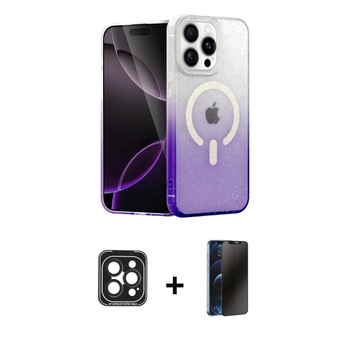 MARSİLYAN™- iPhone 15 Pro Max Kılıf Eksen Minimal Özel Seri - Siyah 3D Antistatik Hayalet Cam Ekran Koruyucu + Siyah PVD Metal Kamera Lens