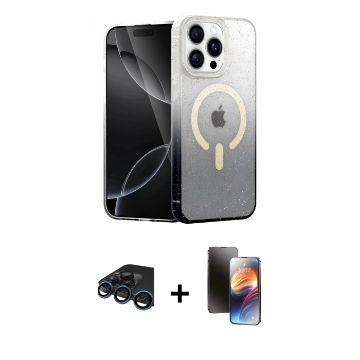 MARSİLYAN™- iPhone 15 Pro Max Kılıf Eksen Minimal Özel Seri - Siyah 3D Antistatik Mat Seramik Nano Ekran Koruyucu + Lacivert Raze Metal Kamera Lens