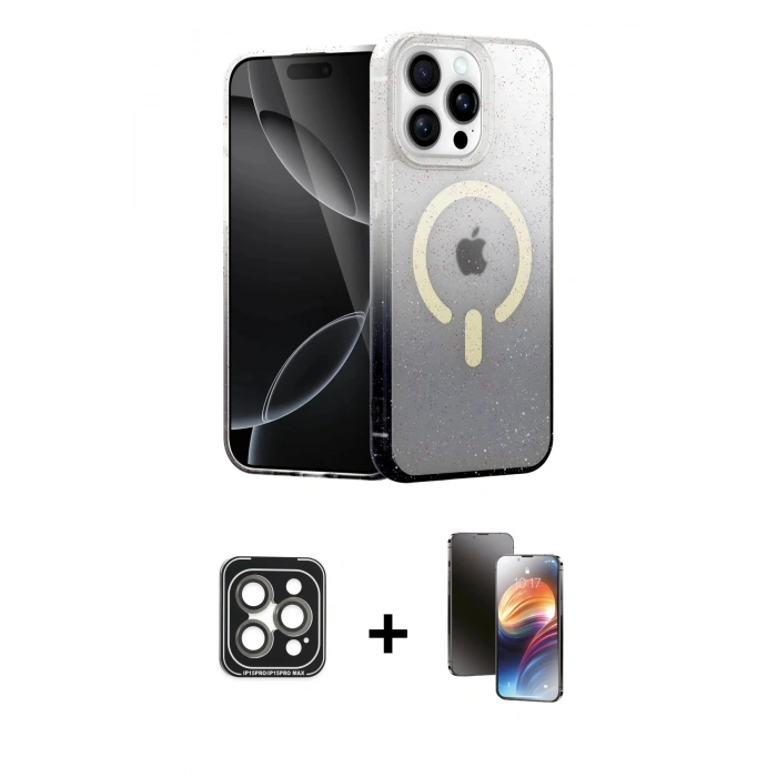 MARSİLYAN™- iPhone 15 Pro Max Kılıf Eksen Minimal Özel Seri - Siyah 3D Antistatik Mat Seramik Nano Ekran Koruyucu + PVD Metal Kamera Lens - GI