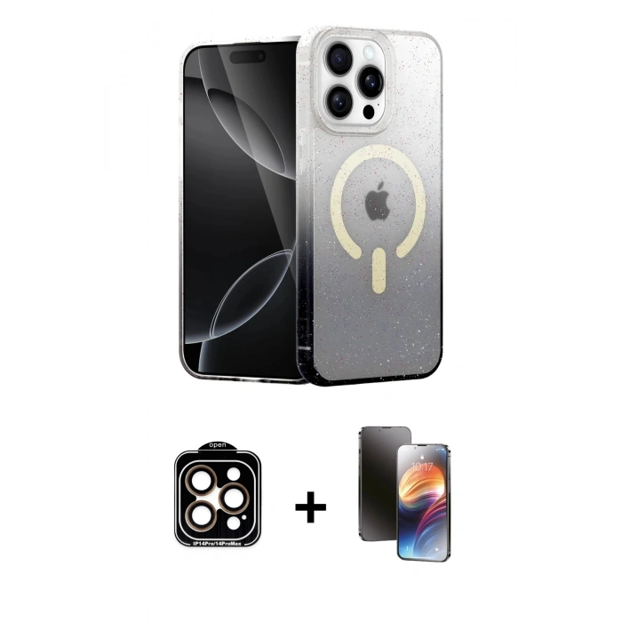 MARSİLYAN™- iPhone 15 Pro Max Kılıf Eksen Minimal Özel Seri - Siyah 3D Antistatik Mat Seramik Nano Ekran Koruyucu + PVD Metal Kamera Lens - TU