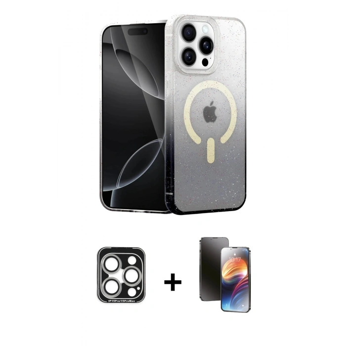 MARSİLYAN™- iPhone 15 Pro Max Kılıf Eksen Minimal Özel Seri - Siyah 3D Antistatik Mat Seramik Nano Ekran Koruyucu + PVD Metal Kamera Lens - GS