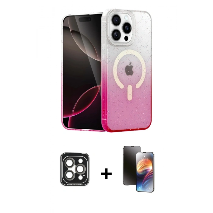 MARSİLYAN™- iPhone 15 Pro Max Kılıf Eksen Minimal Özel Seri - Siyah 3D Antistatik Mat Seramik Nano Ekran Koruyucu + PVD Metal Kamera Lens - GI