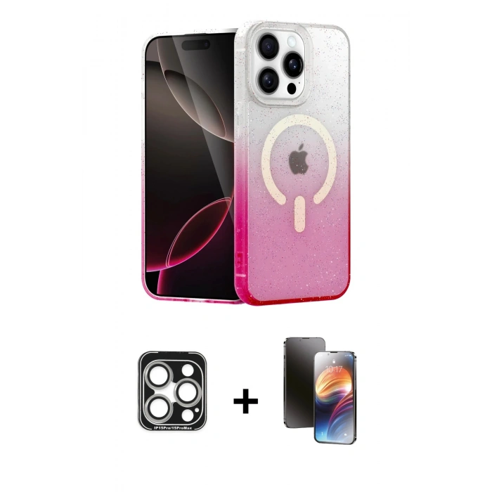 MARSİLYAN™- iPhone 15 Pro Max Kılıf Eksen Minimal Özel Seri - Siyah 3D Antistatik Mat Seramik Nano Ekran Koruyucu + PVD Metal Kamera Lens - GS