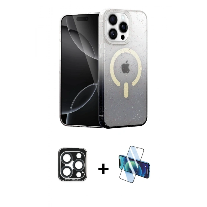 MARSİLYAN™- iPhone 15 Pro Max Kılıf Eksen Minimal Özel Seri - Siyah 3D Antistatik Seramik Nano Ekran Koruyucu + Lacivert PVD Metal Kamera Lens
