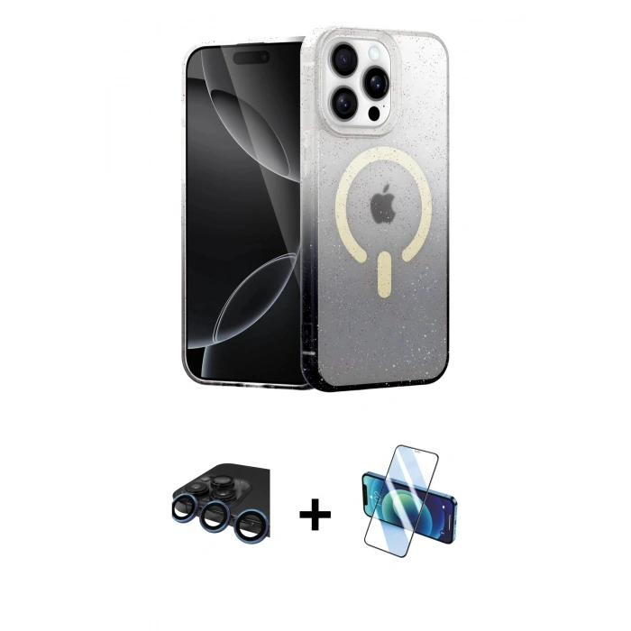 MARSİLYAN™- iPhone 15 Pro Max Kılıf Eksen Minimal Özel Seri - Siyah 3D Antistatik Seramik Nano Ekran Koruyucu + Raze Metal Kamera Lens - LT