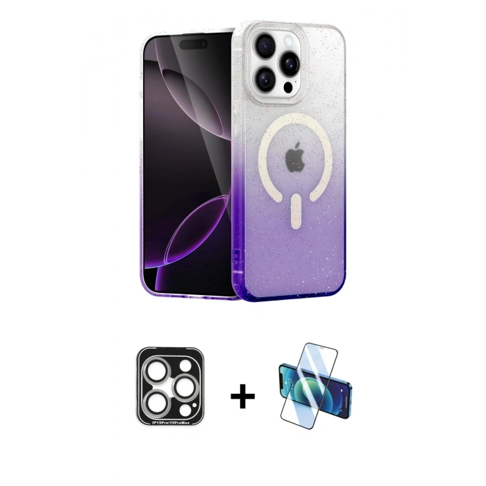 MARSİLYAN™- iPhone 15 Pro Max Kılıf Eksen Minimal Özel Seri - Siyah 3D Antistatik Seramik Nano Ekran Koruyucu + PVD Metal Kamera Lens - GS