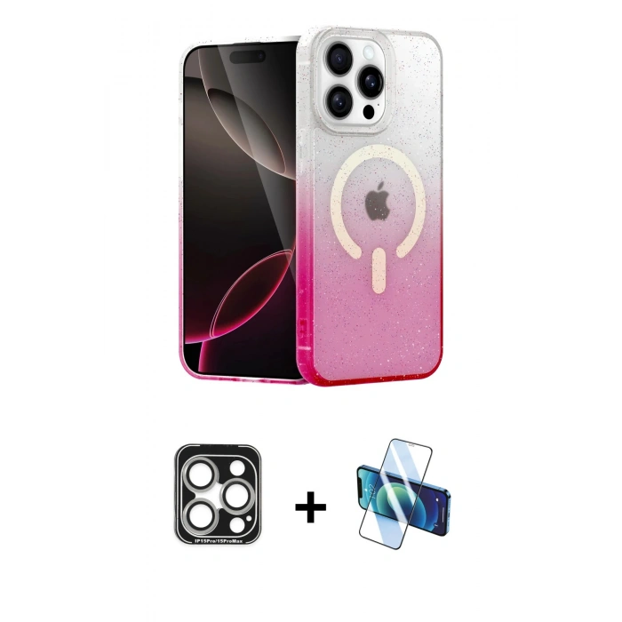 MARSİLYAN™- iPhone 15 Pro Max Kılıf Eksen Minimal Özel Seri - Siyah 3D Antistatik Seramik Nano Ekran Koruyucu + PVD Metal Kamera Lens - GS
