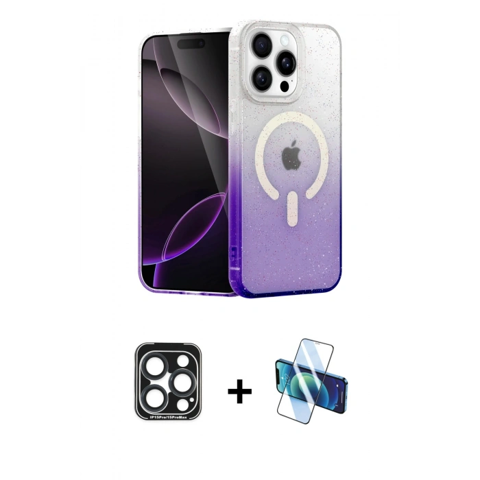 MARSİLYAN™- iPhone 15 Pro Max Kılıf Eksen Minimal Özel Seri - Siyah 3D Antistatik Seramik Nano Ekran Koruyucu + Lacivert PVD Metal Kamera Lens