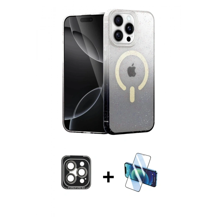 MARSİLYAN™- iPhone 15 Pro Max Kılıf Eksen Minimal Özel Seri - Siyah 3D Antistatik Seramik Nano Ekran Koruyucu + PVD Metal Kamera Lens - GI