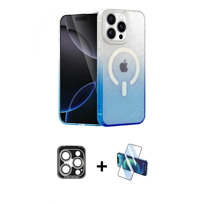 MARSİLYAN™- iPhone 15 Pro Max Kılıf Eksen Minimal Özel Seri - Siyah 3D Antistatik Seramik Nano Ekran Koruyucu + PVD Metal Kamera Lens - GS