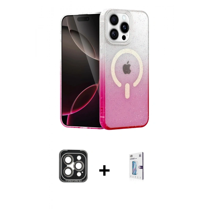 MARSİLYAN™- iPhone 15 Pro Max Kılıf Eksen Minimal Özel Seri - Siyah Bilvis 0.18mm Plus Cam Ekran Koruyucu + PVD Metal Kamera Lens - GI